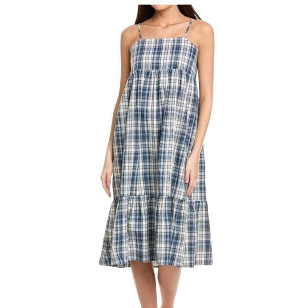 Anthropologie navy plaid tiered midi sundress smocked back size Large